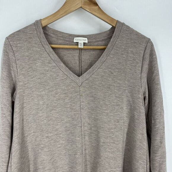 Garnet Hill Shirt Size XS Women Beige Pop Over Knit Asymmetric Tunic Top V Neck - Picture 2 of 7